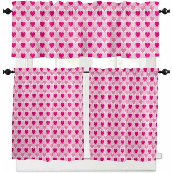 Valentine''s Day Kitchen Curtains and Valances Set, Rod Pocket Curtains Tier Farmhouse Window Curtains 24 Inch Length, Romantic Pink Loving Heart Plaid 3 Piece Kitchen Curtains Set