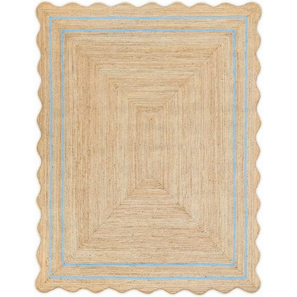 Aizza Trends 3x4 Ft Sky Blue Border Natural Scalloped Jute Rug – Eco Handcrafted Braided Mat for Living Room Carpet, Bedroom & Entryway