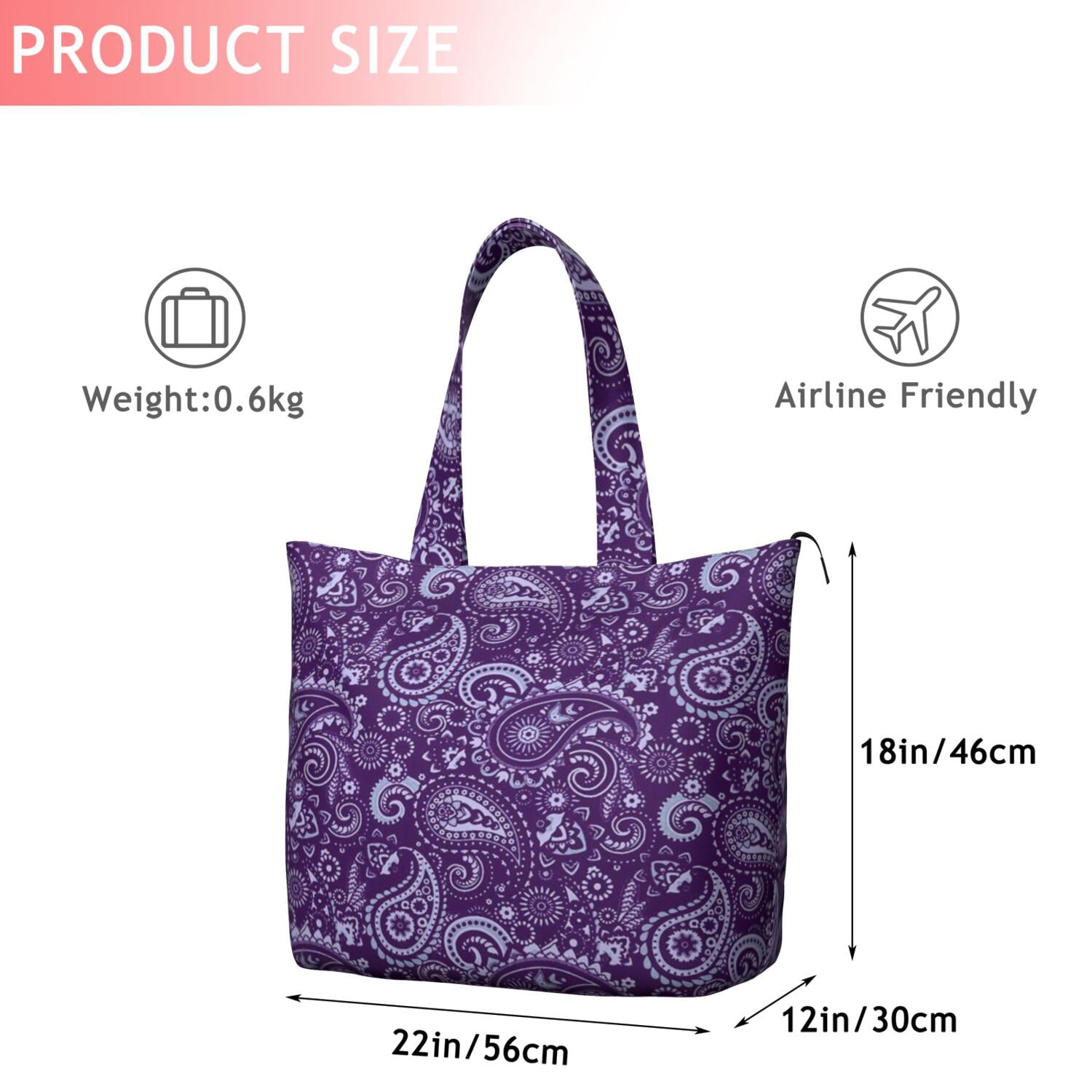Purple Paisley Pattern Travel Tote Bags for Women Carry On,Large Weekender Bags for Women Travel,Multi Functional Duffle Bag for Work,Shopping,Sports