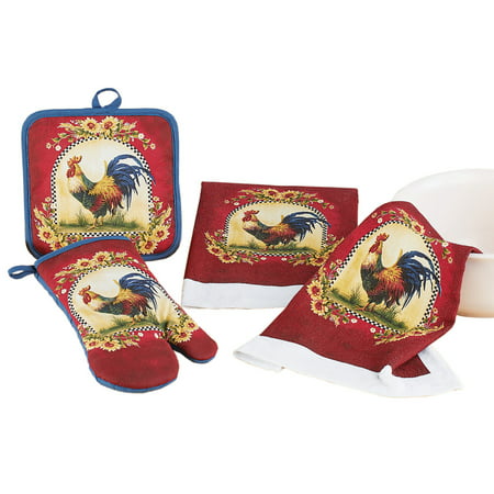 French Country Rooster and Sunflowers Kitchen Linen - Set of 4 Includes 2 Matching Dish Towels, Pot Holder, and Oven