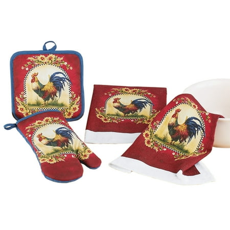 Pot Pot Holder French Country Rooster and Sunflowers Kitchen Linen - Set of 4 Includes 2 Matching Dish Towels, Pot Holder, and Oven Mitt ()