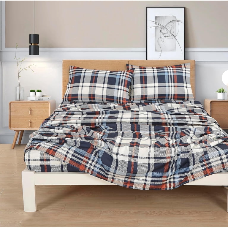 Chezmoi Collection Queen Plaid Sheet Set, Blue Orange White