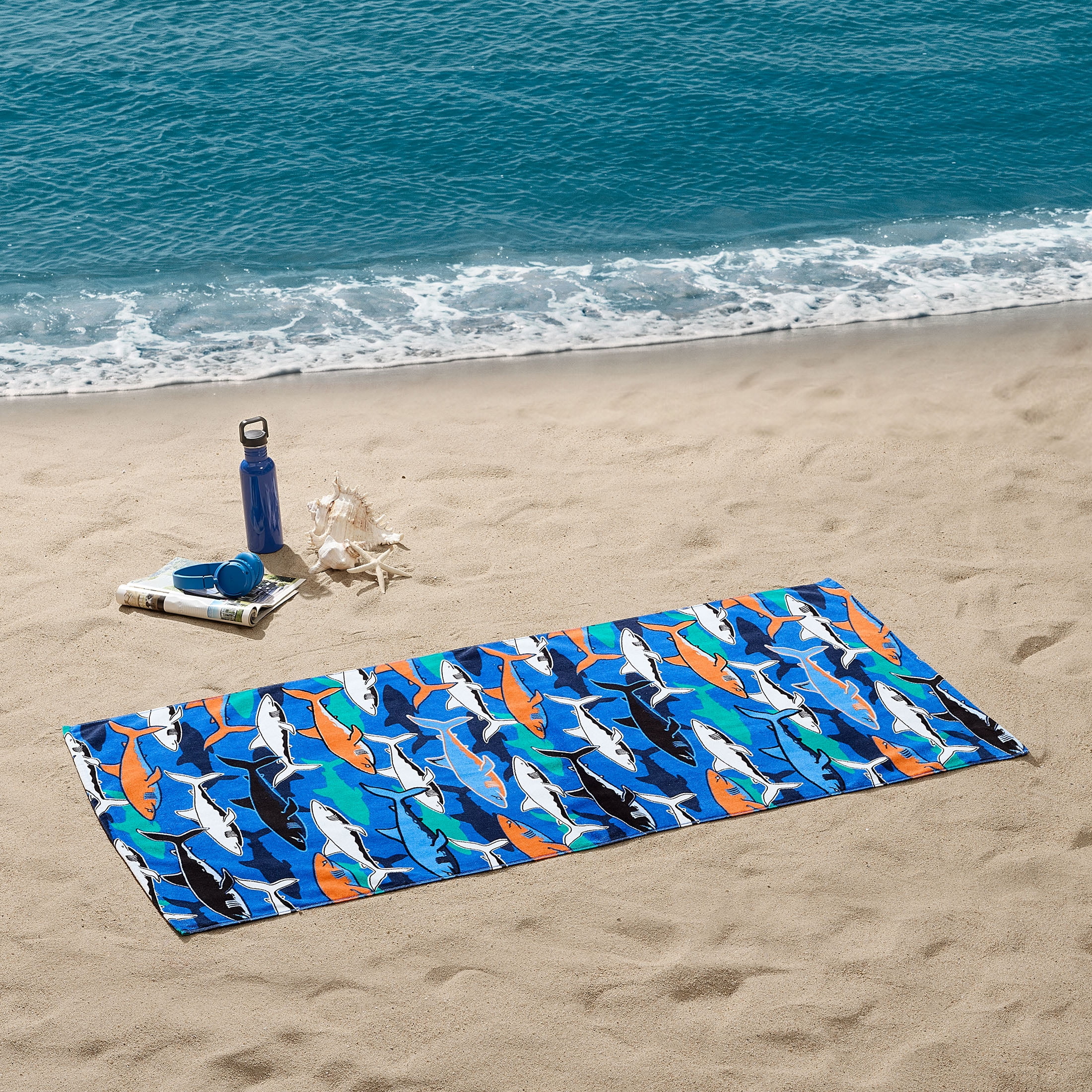 Mainstays Cotton Blend Multi-color Shark Camo Beach Towel, 28" x 60"