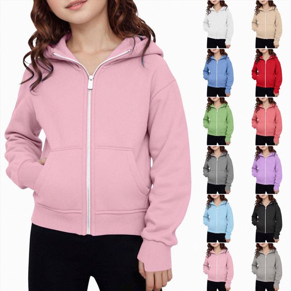 felwors Girls Zip Up Hoodies Kids Casual Long Sleeve Sweatshirt Fall Jacket with Pockets (Pink,9-10 Years)