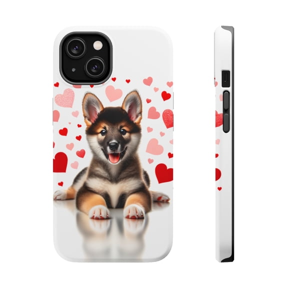 DistinctInk Tough Case for Apple iPhone 14 PLUS (6.7" Screen), Compatible with MagSafe Charging - Valentine's Day Mudi Puppy