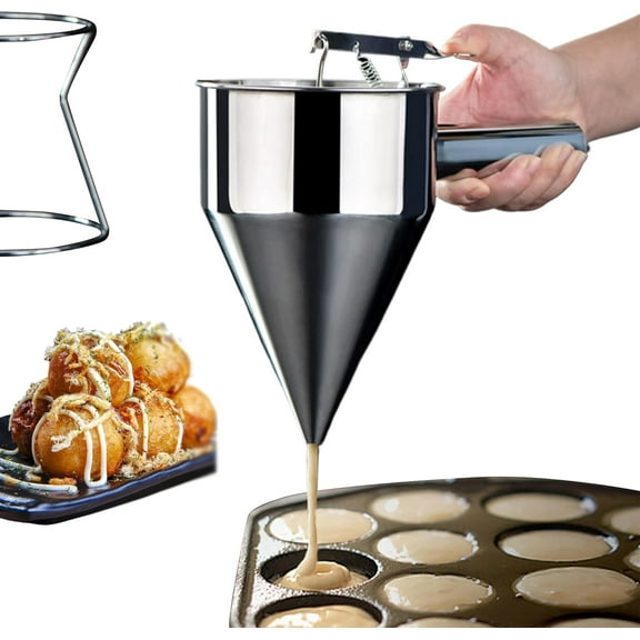 Stainless Steel Pancake Batter Dispenser: 40oz Batter Dispenser with Stand and Squeeze Handle, Piston Funnel Dispenser for Baking Pancake, Cupcake, Candle Wax Pourer