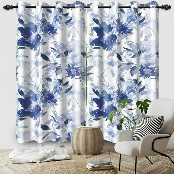 Pbobriich Blue Floral Blackout Curtains,Watercolor Printed Drapes Window Curtain for Bedroom 42x84 Inch Set 2 Panels