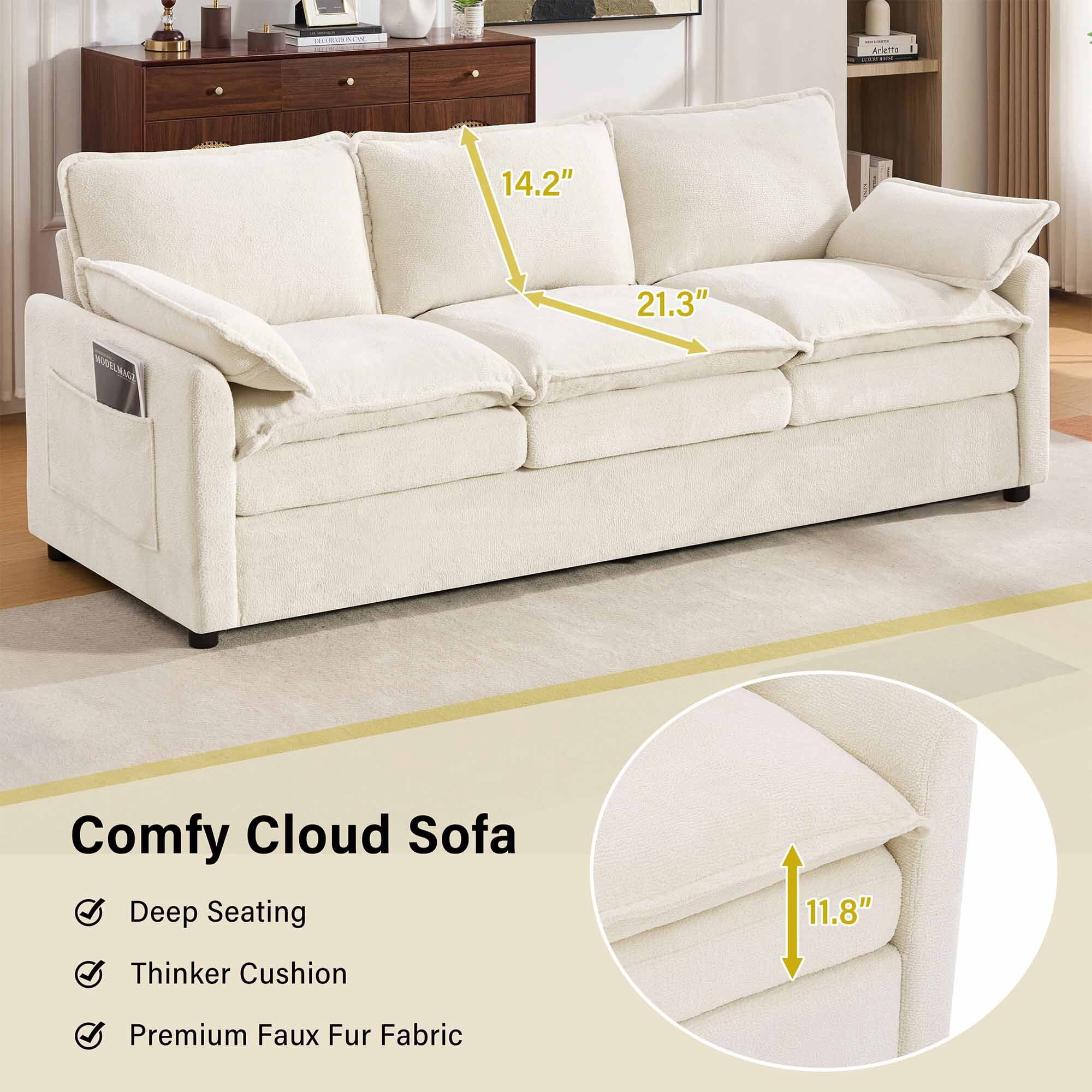 Lunale 3-Seater Sofa with Storage Pockets, Modern Cloud Couch for Living Room, Beige Chenille