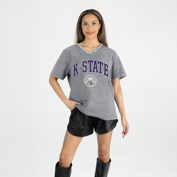 Women's Gameday Couture Gray Kansas State Wildcats Iconic Edge Rhinestone V-Neck T-Shirt