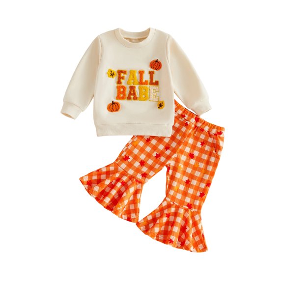 RUINIXCW Girl Fall Outfits Letter Embroidery Long Sleeve Pullover Plaid Flare Pants