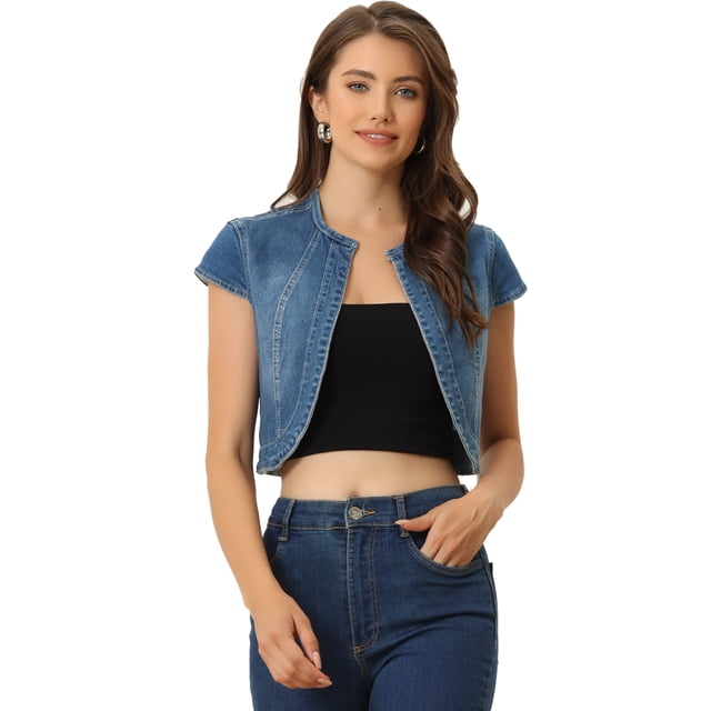 Chaqueta de mezclilla corta para mujer Chaqueta de mezclilla ajustada con mangas casquillo Azul Medio XL