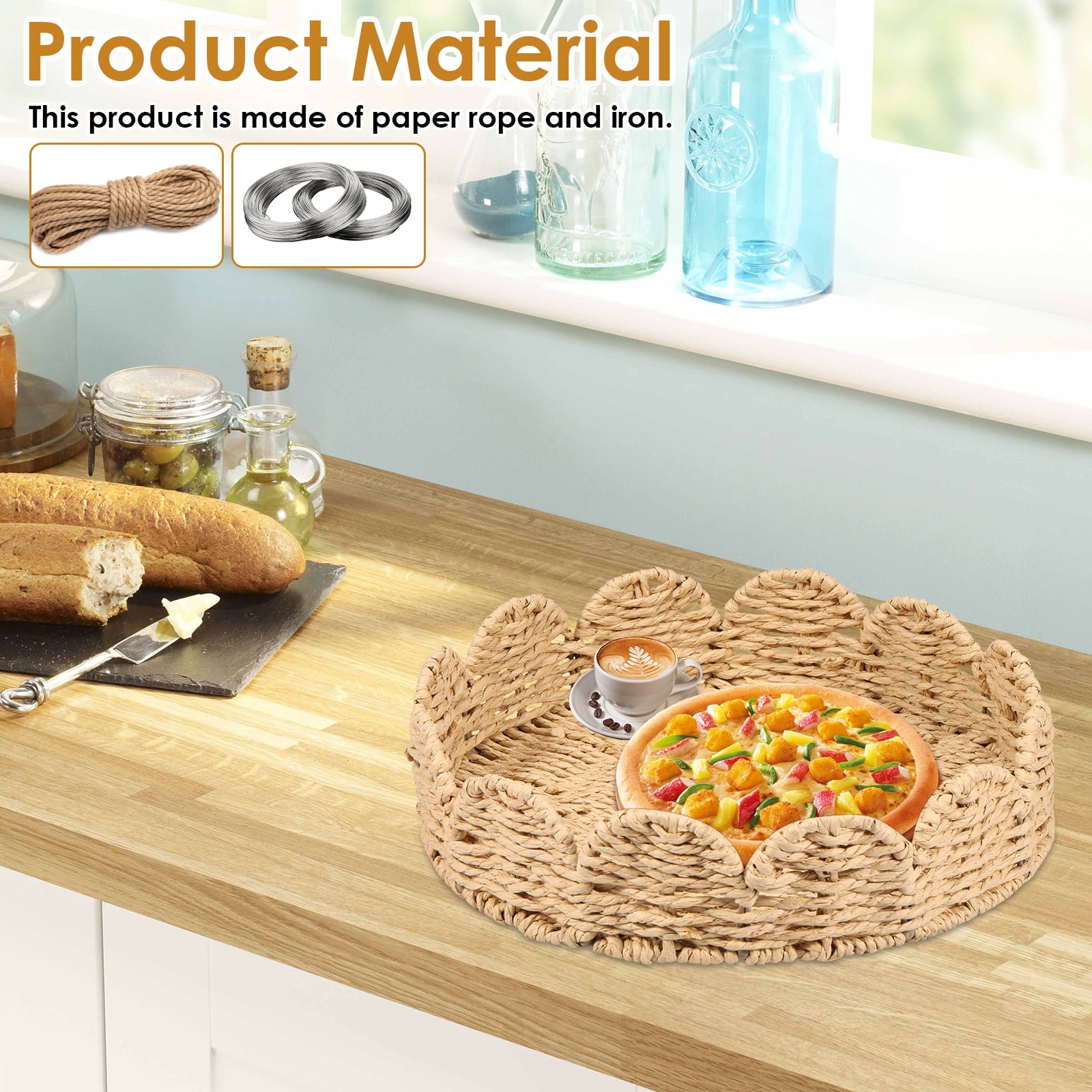 Keyohome Scalloped Basket,2Pcs Hand Woven Scalloped Tray,Decorative Paper Rope Braided Serving Tray,Storage Basket for Organizing and Decor