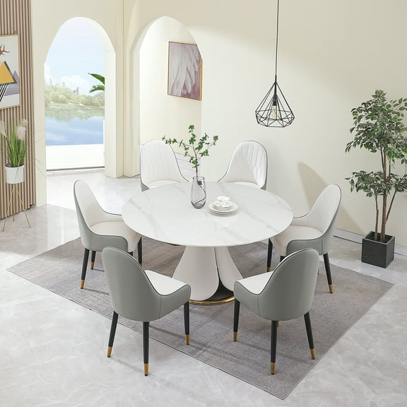 Montary 7 Piece Dining Table Set, Modern Dining Table Set of 7, White 59" D Faux Marble Dining Table with Lazy Susan, Sintered Stone Round Table with 6 Dining Chairs, for Dining Room