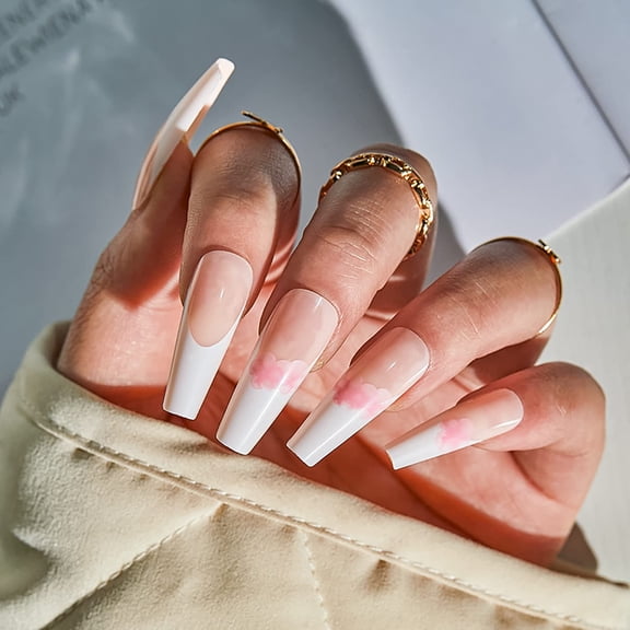 French Tip Press on Nails Long Coffin Fake Nails Glossy Acrylic False Nails with Pink Flower Design Artificial Nails for Women and Girls 24 pcs Pink 0.04 Fl Oz (Pack of 24)