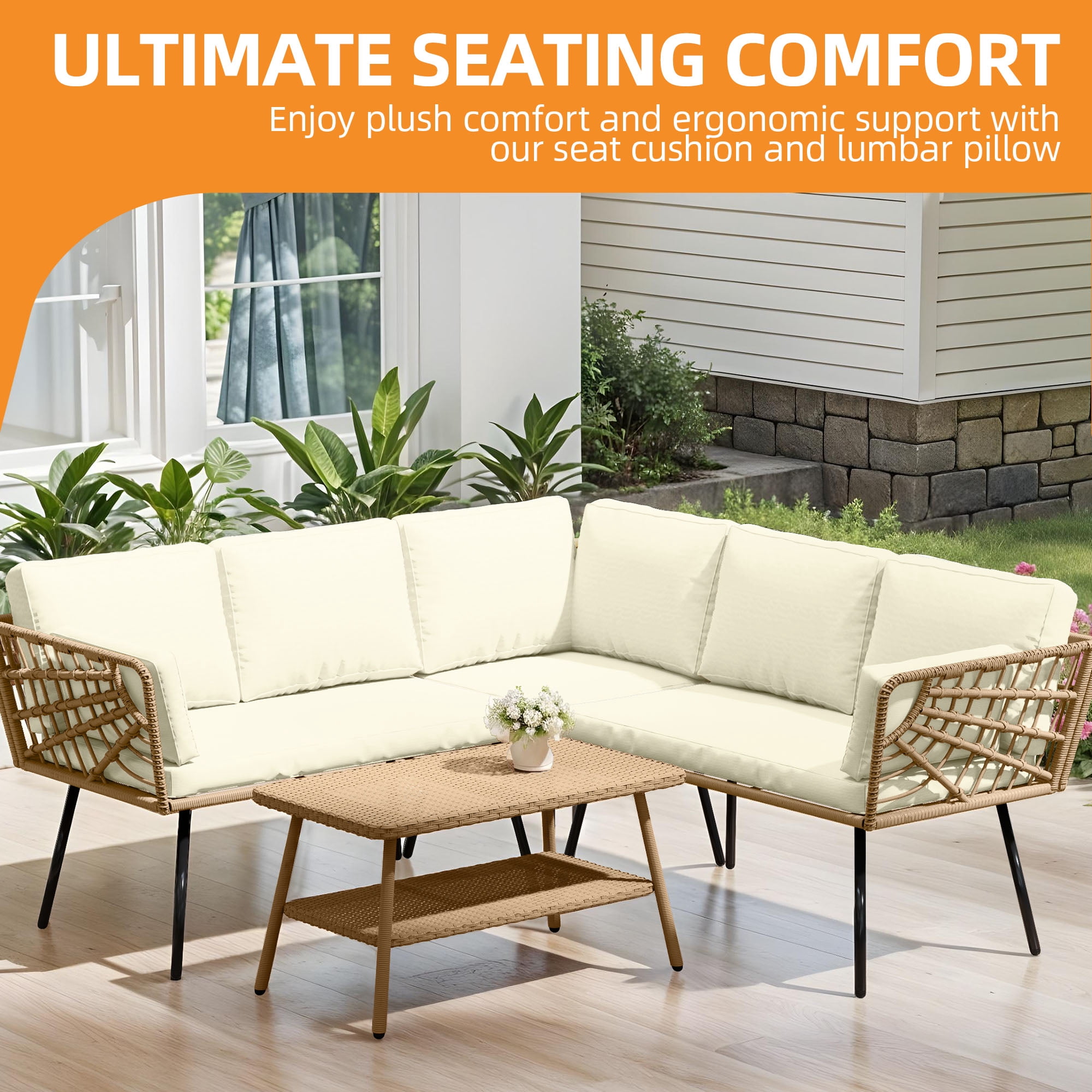 Craftian Patio Conversation Set, 4 Pieces Outdoor Furniture Set with L-Shaped Sofa,Cushions and Coffee Table