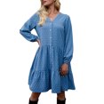 thumbnail image 1 of Women Long Sleeve Dress Dots V Neck A-Line Loose Spring, 1 of 8