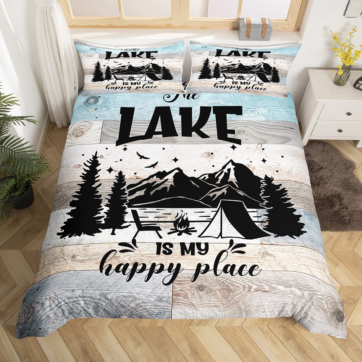 Lake House Decor Comforter Cover, Camping House Bedding Sets Queen