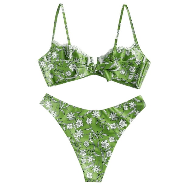 Gibobby Conjunto de Traje de Baño para Mujer Piezas cuello mujer flor traje de baño dos V traje de baño ropa de playa Bikini estampado corte traje de bañ(Verde,G)