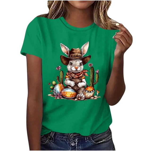 Mujeres de Manga Corta Tops Casual Nuevo Cuello Redondo Pascua, Ligera Camiseta de Poliéster Spandex
