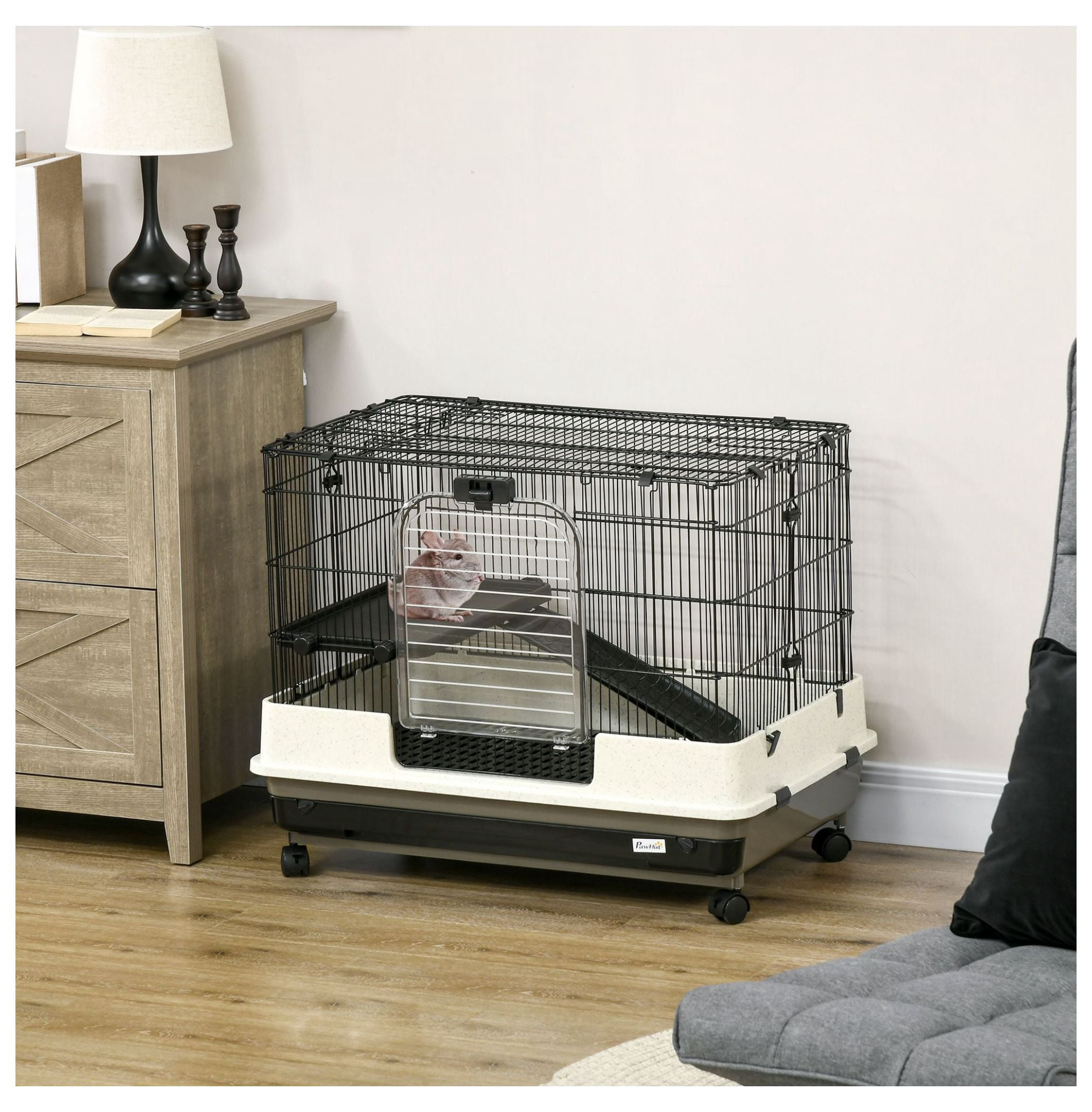 2-Tier Black Small Animal Cage Rabbit Hutch with Wheels Removable Tray Platform Ramp for Bunny Chinchillas Hedgehog Gerbils