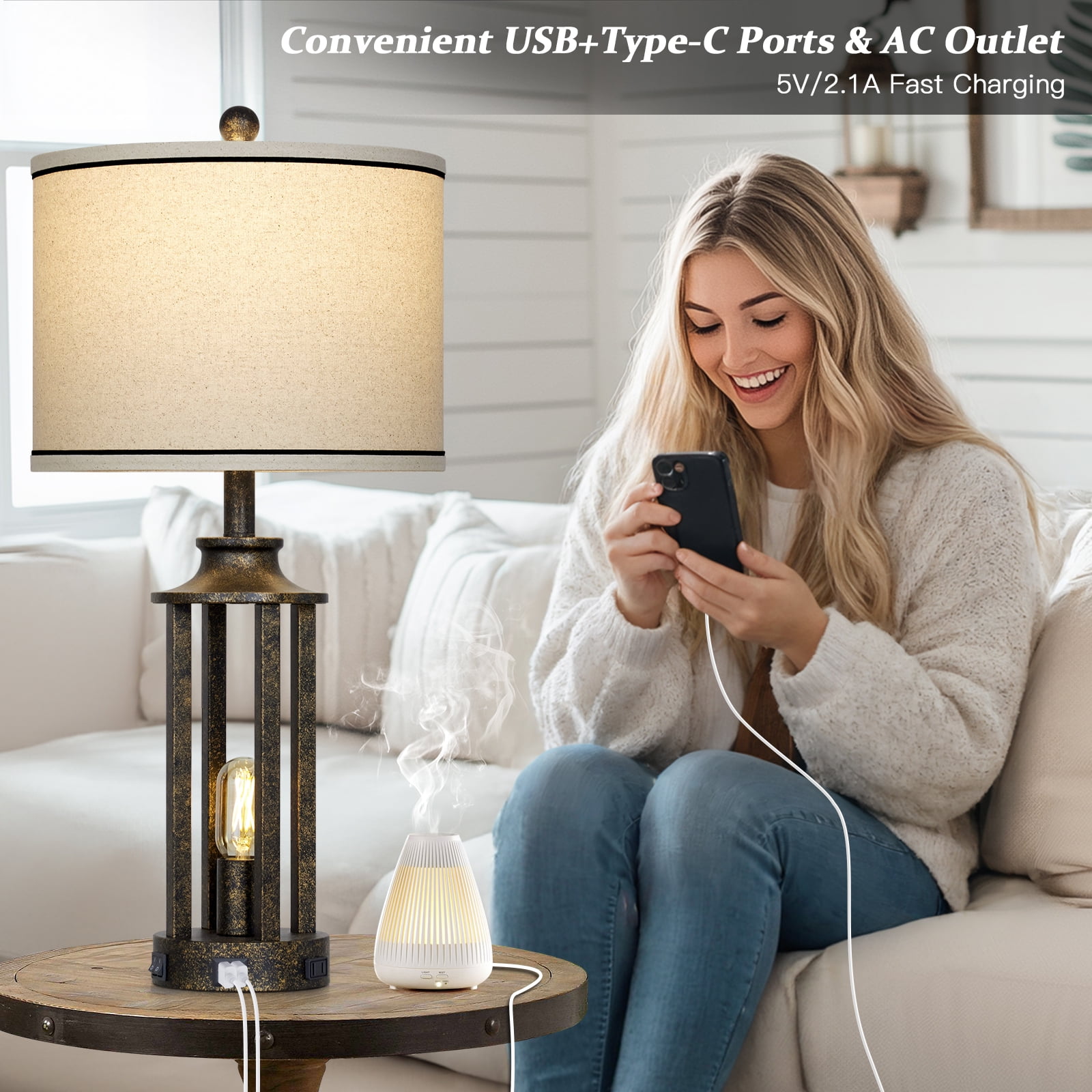 Cinkeda Modern Table Lamp Set of 2 with USB Ports 3 Way Dimmable Nightlight Industrial Gold Bedside Lamps for Bedroom Living Room
