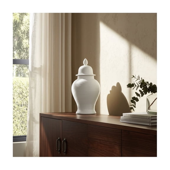 Architectural Ceramic Jar for Living Room Decor - Modern Home Decor Accents with Ribbed Texture - Decorative Flower Vase for Room, Bedroom, House, Office, and Table Interior Styling - 24", White