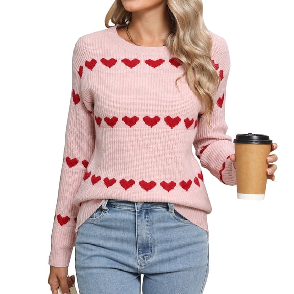 Womens Heart Sweaters Long Sleeve Crew Neck Casual Fall Winter Pullover Sweater