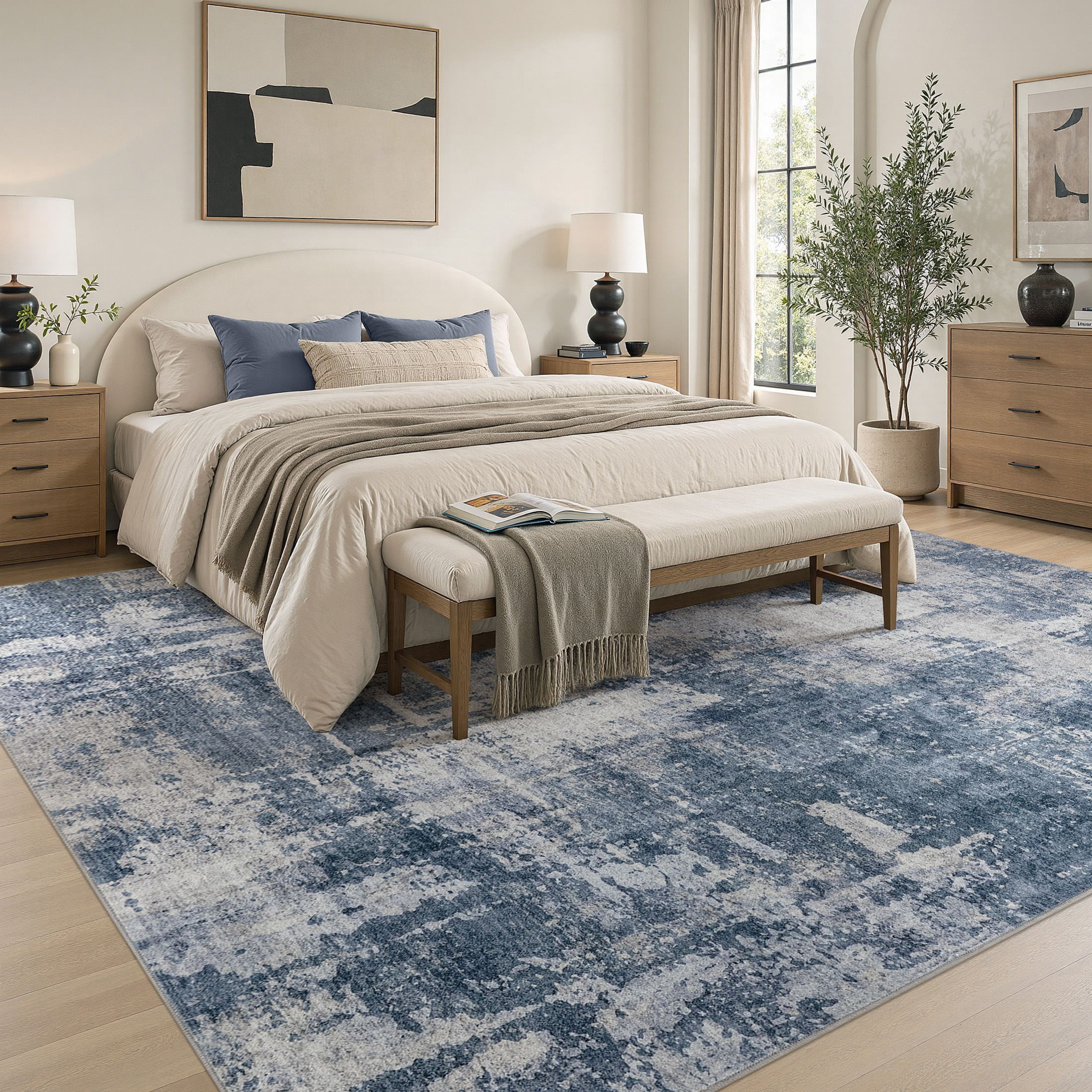 MICGEEK 9'x12' Abstract Area Rugs for Living Room, Stain Resistant Washable Rugs with Non-Slip Backing, Modern Carpet for Bedroom Dining Room Office Throw Rugs, Dark Blue