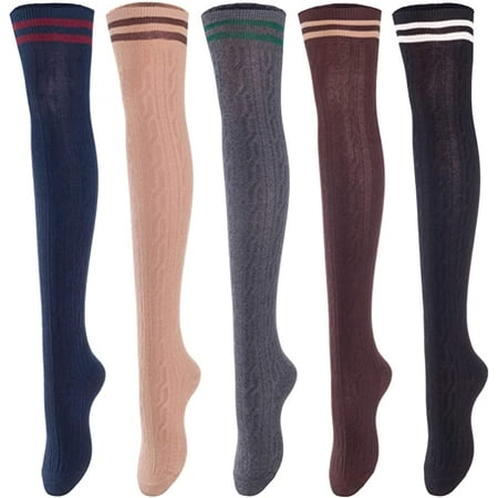 

Lian LifeStyle Women s 5 Pairs Adorable Comfortable Soft Thigh High Over Knee High Cotton Socks Size 6-9 L1023(Black Coffee DG Khaki Navy)