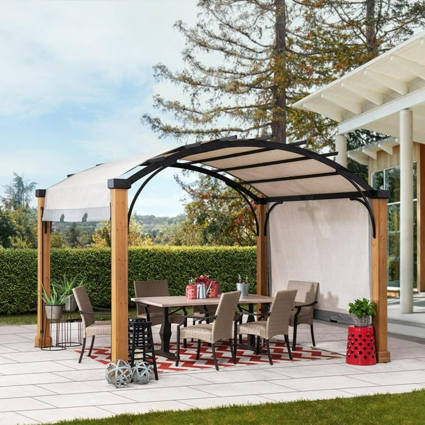 Sunjoy 10 ft. x 12 ft. Steel Arched Pergola with Natural Wood Looking Finish and Adjustable