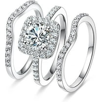 18K White Gold Plated Cubic Zirconia Three-in-One Halo Wedding Engagement Promise Eternity Ring Set for Women