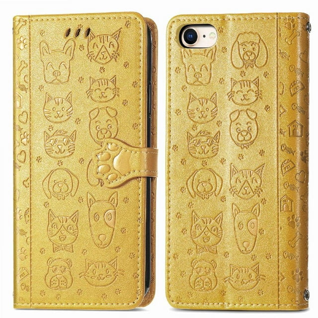 Funda Cartera FOXDOCK para iPhone 8/7 , Flip PU con Relieve de Gatos y Perros, Tarjetero y Soporte