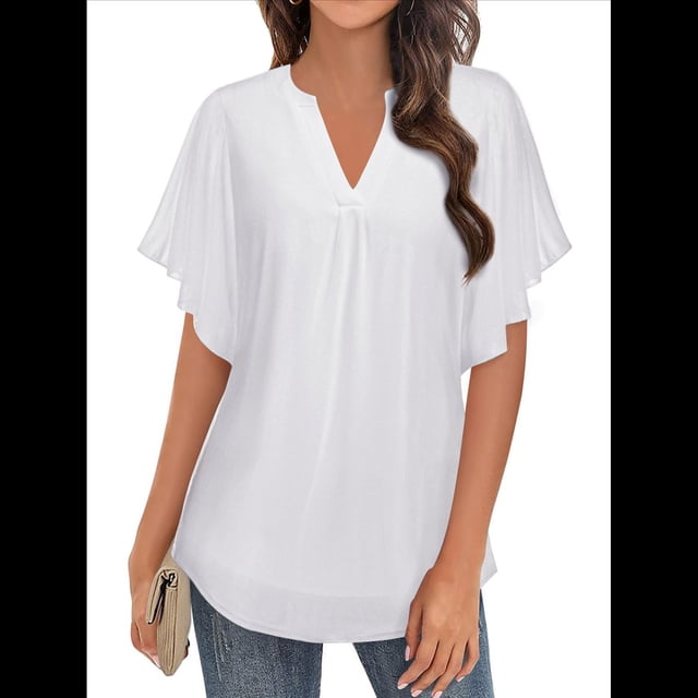 Blusas de Corta con Cuello en V para Mujer, Blusas Florales de Doble Capa de , Túnicas, Tops M