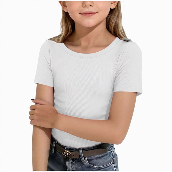 KPOPLK Summer Girls Tops Short Sleeve T-Shirts Solid Crewneck Neon Shirts for Girl Tee Clothes Size 11-12 Years,White