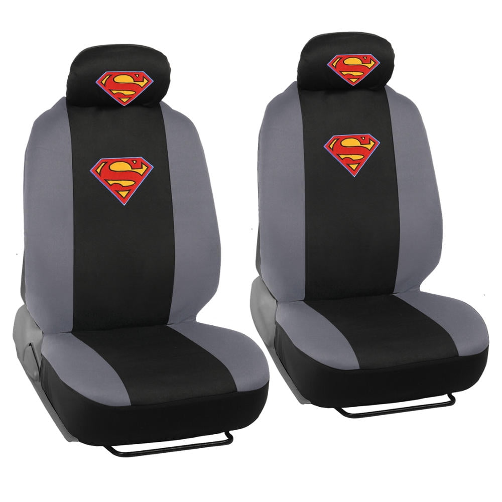 BDK Warner Brothers DC Superman Front & Rear Car Seat Covers Full Set - Easy to Install Durable & Polyester Car Seat Cover - All Vehicles Airbag Compatible Universal Car Accessories (Black & Gray)