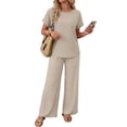 thumbnail image 3 of WIHOLL Two Piece Sets for Women Vacation Spring Outfits Summer Casual Trendy Cozy Rolled Short Sleeve Wide Leg Pants Sweatsuit, 3 of 10