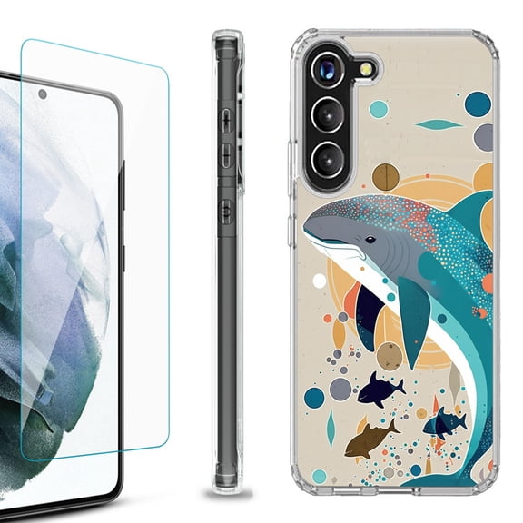 OneToughShield ® for Samsung Galaxy S23  S23 Plus 5G Shockproof Bumper Phone Case, with Tempered Glass Screen Protector - Dolphin Family