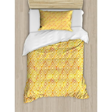 Aztec Twin Size Duvet Cover Set, Watercolor Sacred Folk Ornamental Diamond Forms Ikat Effects Pattern, Decorative 2 Piece Bedding Set with 1 Pillow Sham, Marigold Earth Yellow White, by Ambesonne