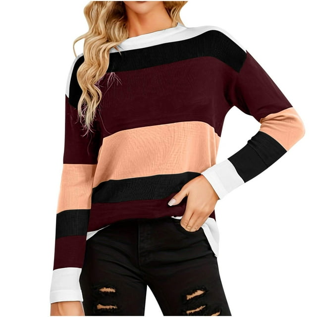 Besolor Womens Fall Cute Sweaters Color Block Long Sleeve Crewneck Knit Pullover Sweaters Tops for Women