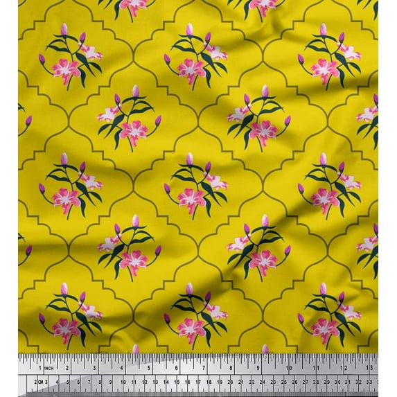Soimoi Poly Georgette Fabric Leaves,Floral & Quatrefoil Damask Printed Fabric 1 Yard 52 Inch Wide