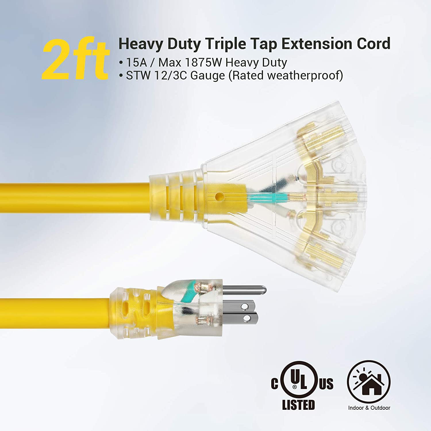12/3 Gauge 3 Way Extenstion Cable Tri-Tap Triple Outlet 2Ft Plug 