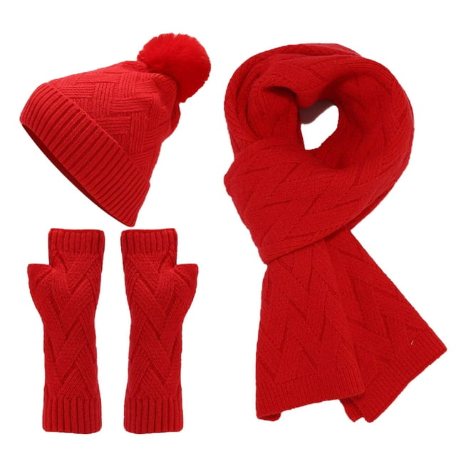 MIASHUI Unisex Autumn Winter Outdoor Cold Protection Warm Hat, Gloves, and Scarf Three-Piece Set, Solid Color Knit Scarf Set Red