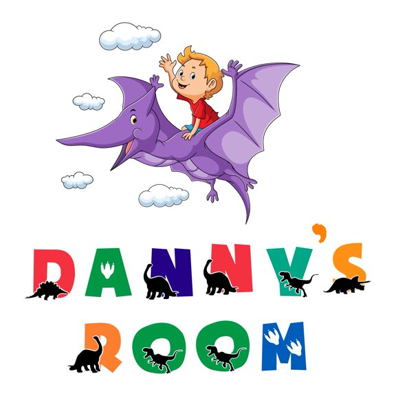 Custom Name Cute boy riding Dinosaur Wall ArtWall Decal Decoration Joyful Cartoon Cartoon Animals Decorating Ideas for Child's Bedroom Size: 10 In(W) x 10 In(H)