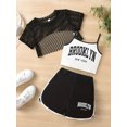 thumbnail image 4 of HOWPAY Girls Summer Outfits 3 Piece Letter Print Cami Top and Short Sleeve Mesh Tee Set with Shorts Casual Loose Fit Clothing Sets Black, 4 of 9