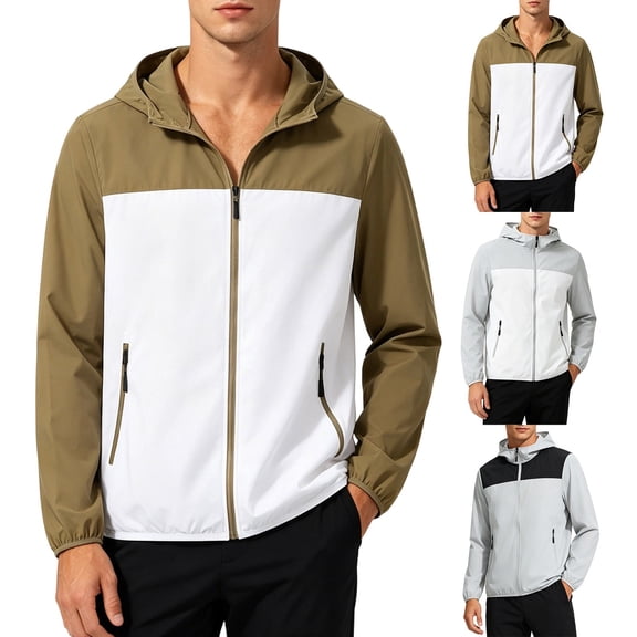 VBVC Men's UPF 50 Color Block Hooded Windbreaker Jacket with Zip Pockets,Full Zip Outdoor Hiking Running Rain Jacket For Men,Gray,S-4XL