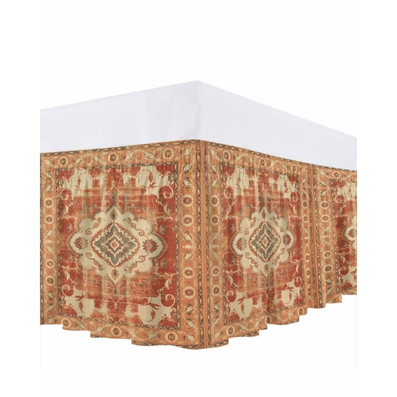 Retro Ethnic Bed Skirt Tribal Boho Orange Vintage Oriental Bed Skirts Queen Size 18 Inch Drop, Wrap Around Dust Ruffle Bedskirt with Adjustable Elastic Belt for Queen Size Beds