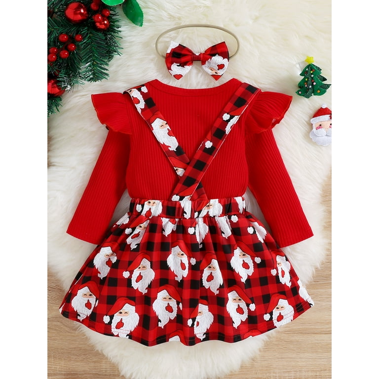 Girls Christmas Skirt Set T shirt Plaid Suspender Skirt Headband Walmart