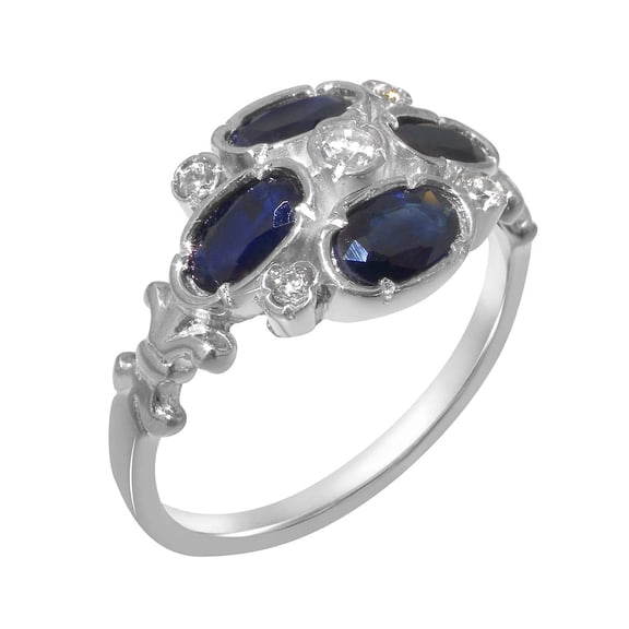 LBG British Made 925 Sterling Silver Natural Diamond & Sapphire Womens Statement Ring - 33 size options - Size 10