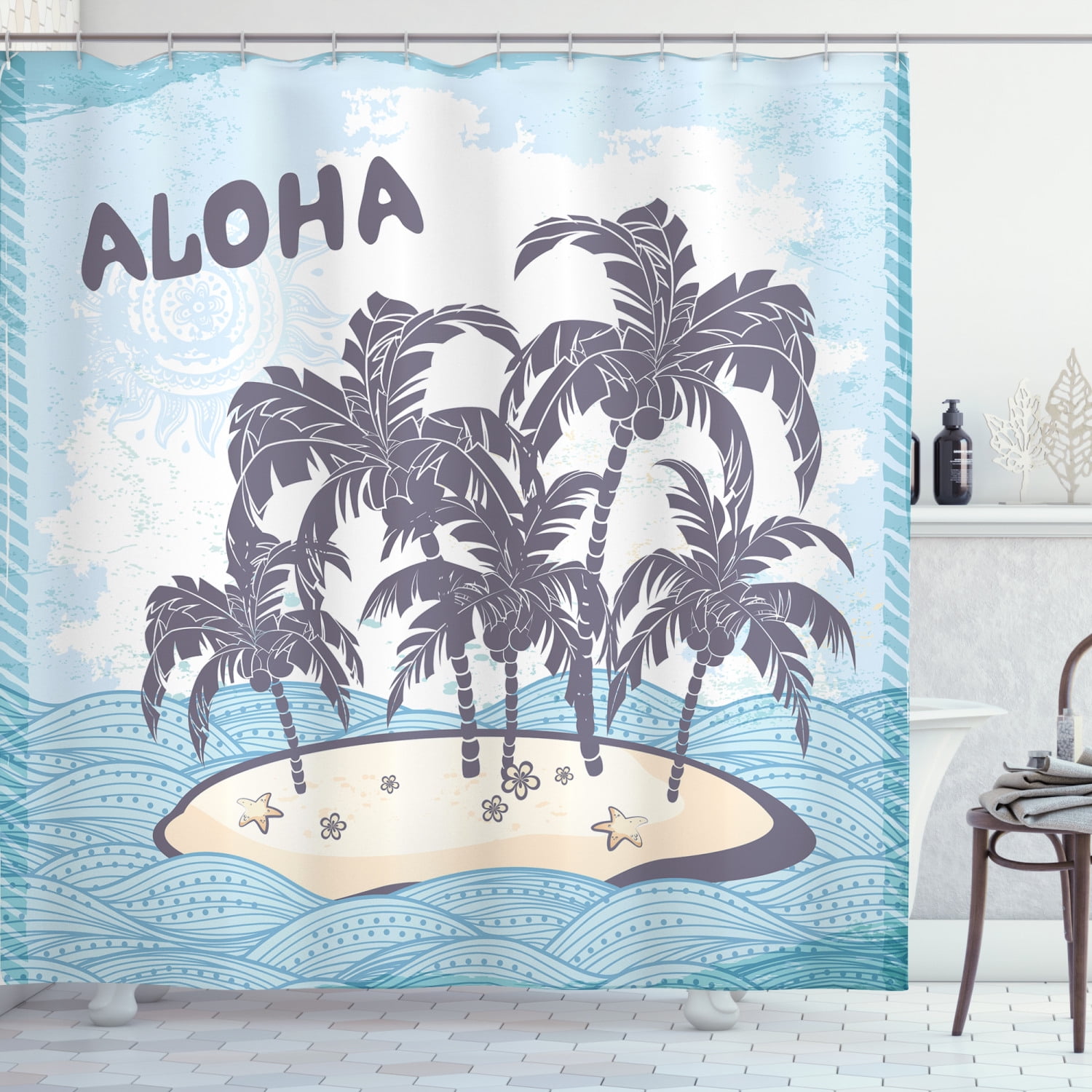 Vintage Beach Shower Curtain, Cute Illustration Aloha Themed Hawaiian Island Palm Trees, Fabric