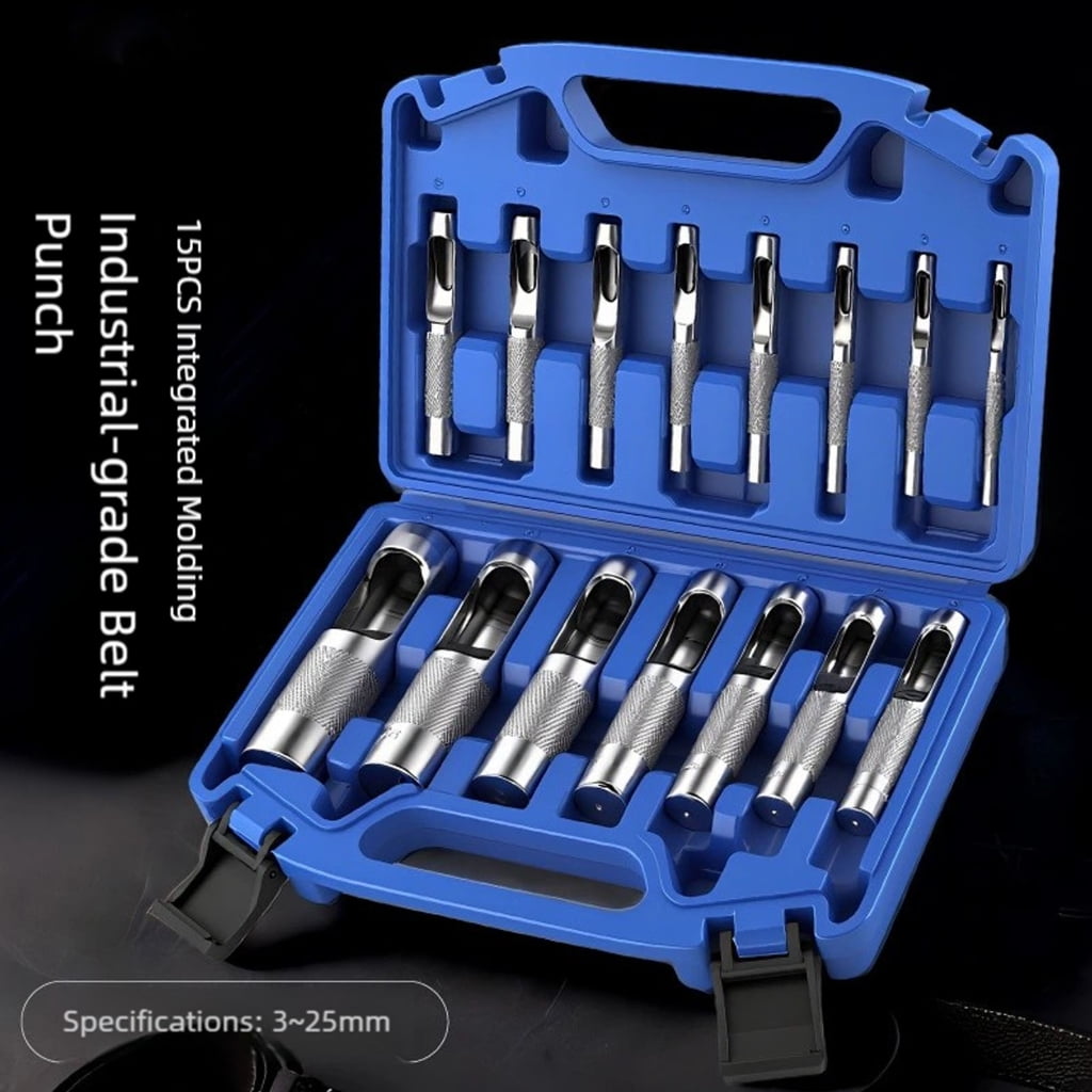 15 Piece Multiple Size Leather Punch Tool Set With Storage Case For Crafting Belts Wallets And Bags Plastic Craft Projects